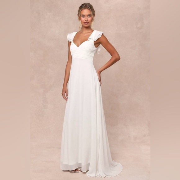 LULU’S Heavenly Romance White Pleated Flutter Sleeve Lace Up Maxi Dress - Picture 2 of 6